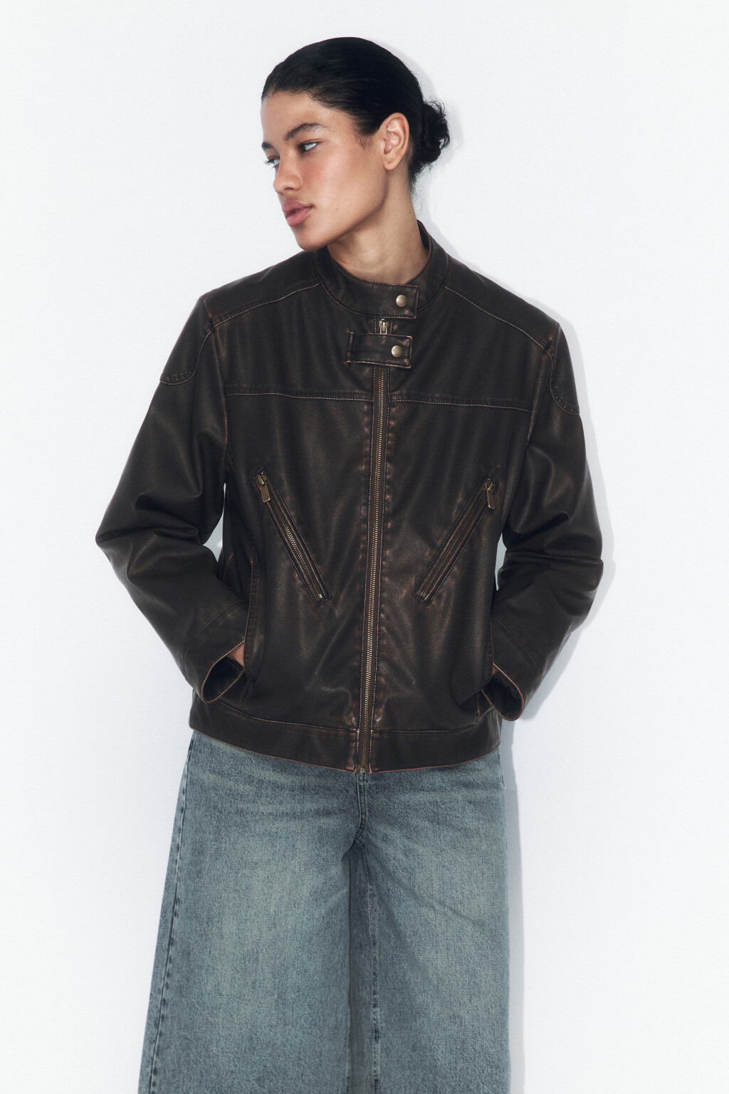 Куртка из искусственной кожи в байкерском стиле - цвет коричневый - 2