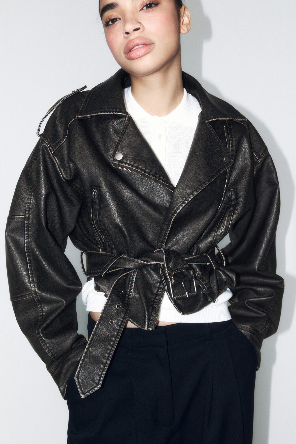 Куртка-косуха укороченная с вареным эффектом - цвет коричневый - 1