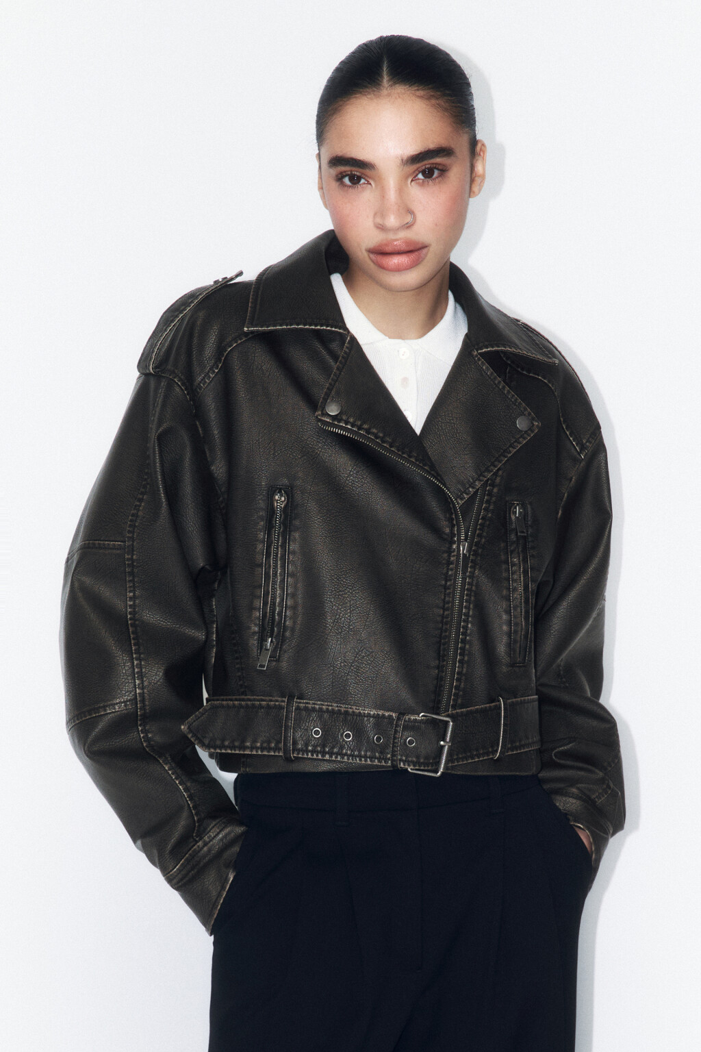 Куртка-косуха укороченная с вареным эффектом - цвет коричневый - 2