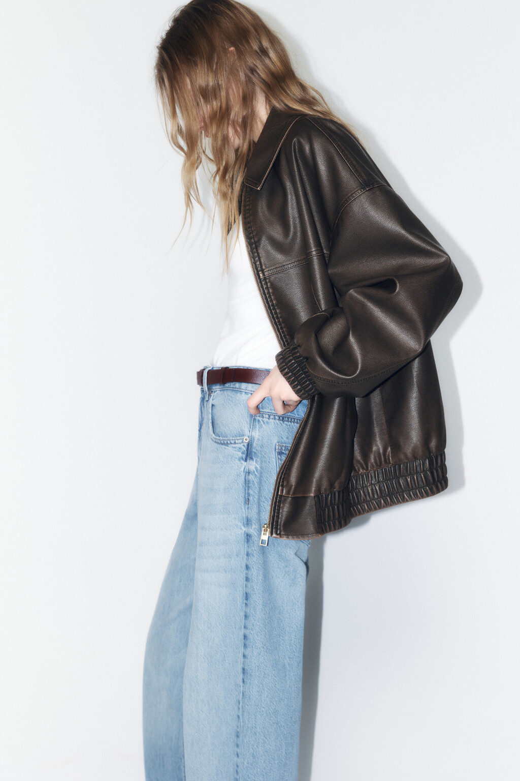 Куртка-бомбер oversize из искусственной кожи - цвет коричневый - 1