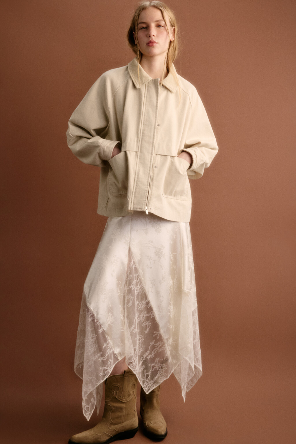Куртка-рубашка с вельветовым воротником - цвет бежевый - 2