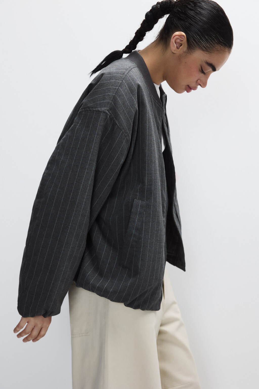 Куртка-бомбер утепленная в полоску - цвет серый - 1