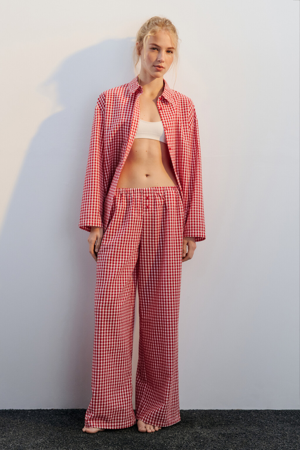 Брюки домашние из жатой ткани - цвет красный - 4