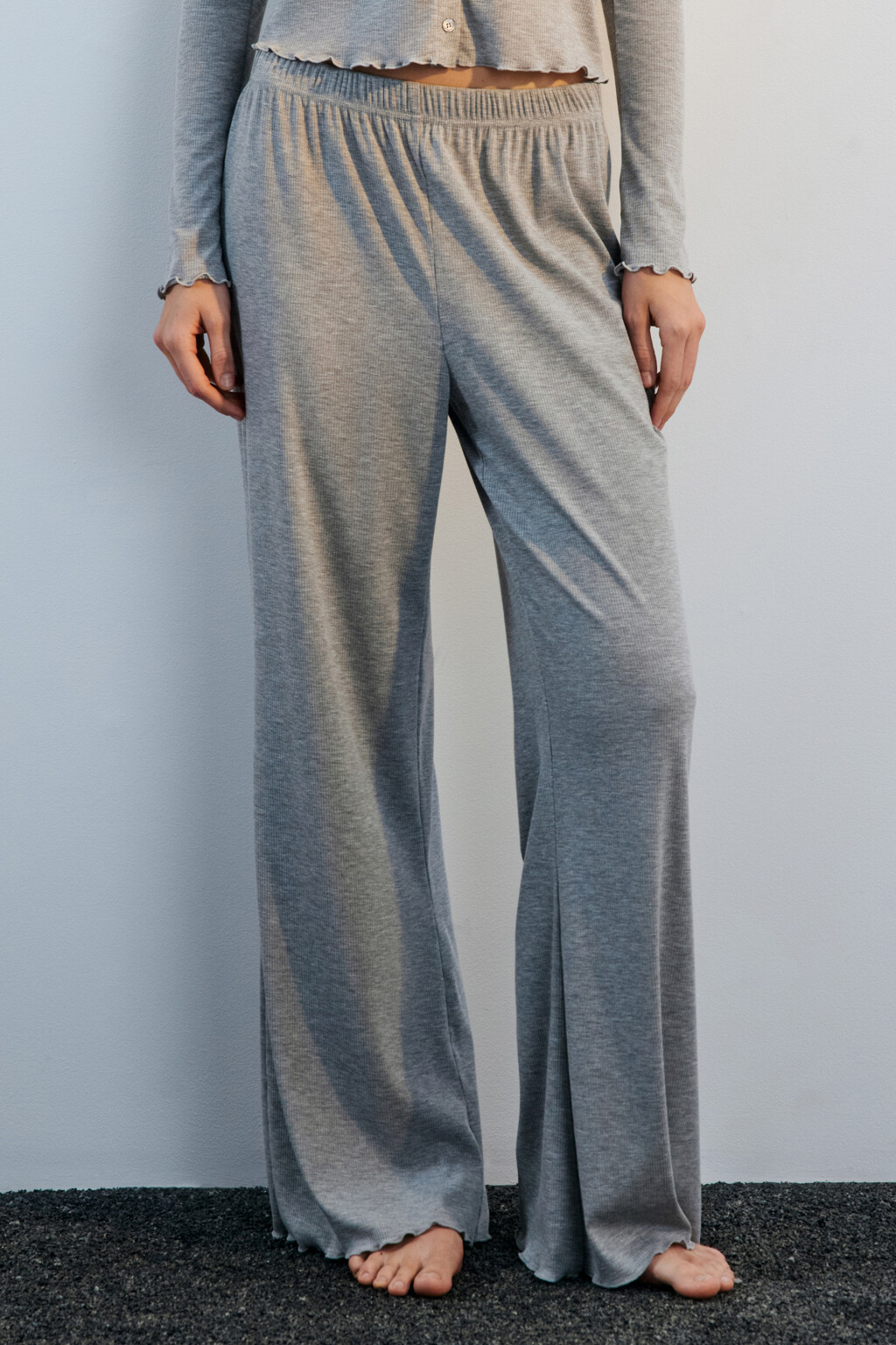 Брюки домашние широкие в рубчик - цвет серый - 2