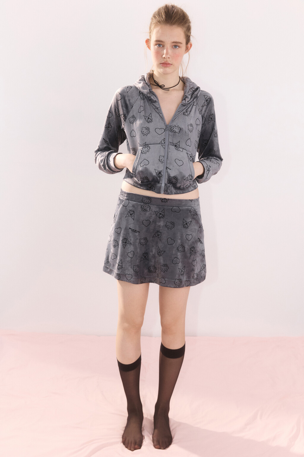 Юбка велюровая с принтом - цвет серый - 1