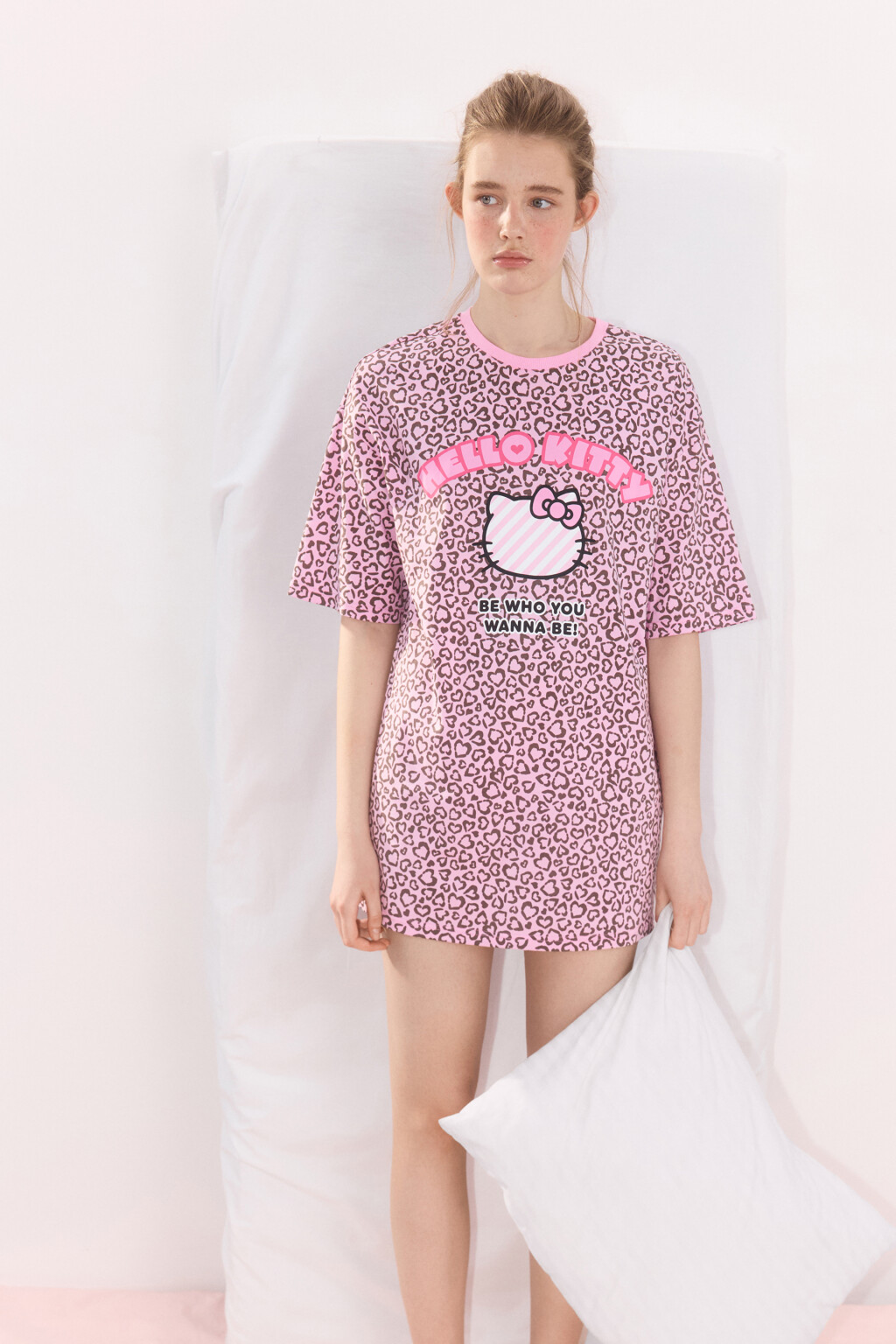Платье-футболка домашнее с принтом - цвет розовый - 1