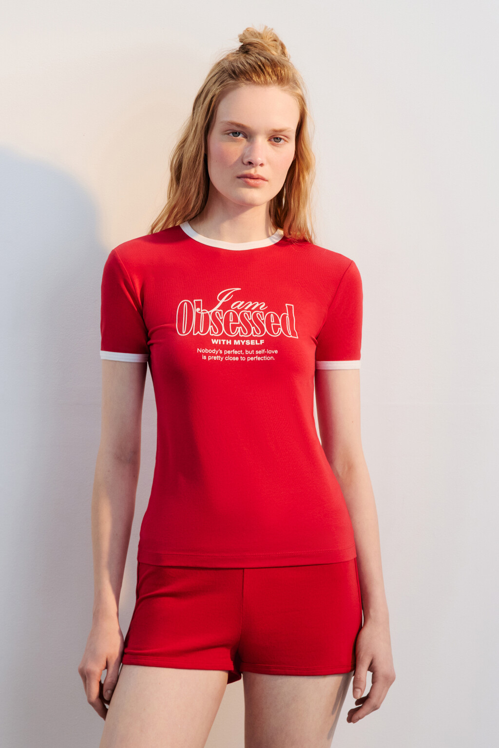 Футболка-топ домашняя с принтом - цвет красный - 2
