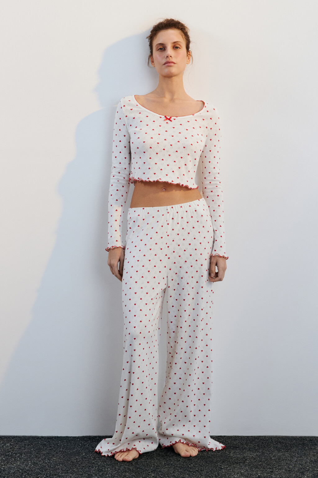 Лонгслив домашний хлопковый в сердечко - цвет красный - 4