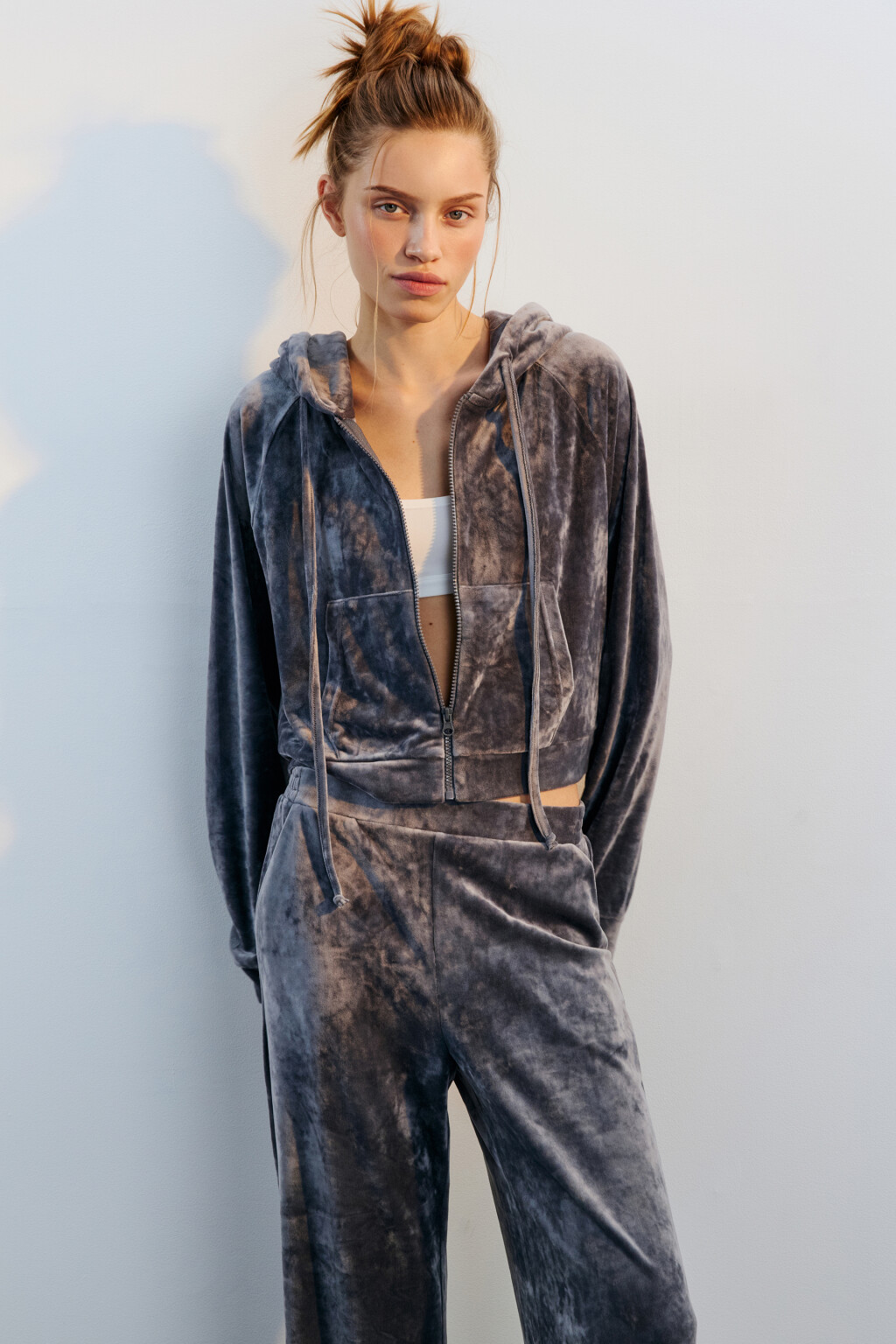 Худи-зипка домашняя из велюра - цвет серый - 1