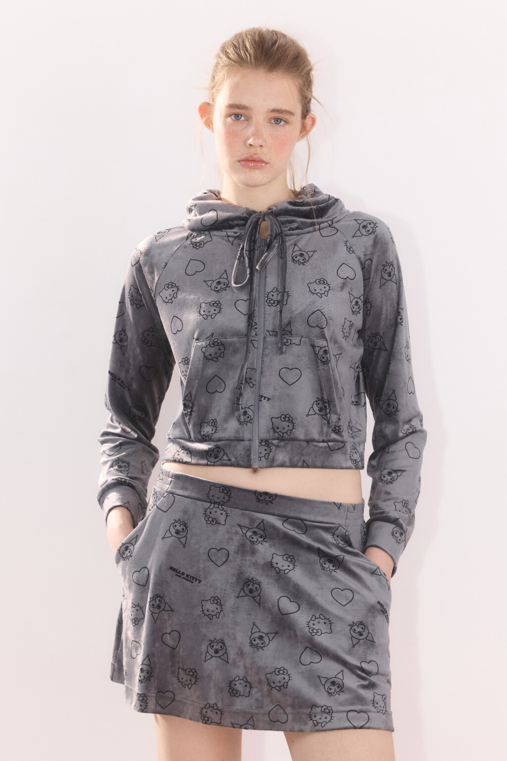 Худи-зипка велюровая с принтом - цвет серый - 2