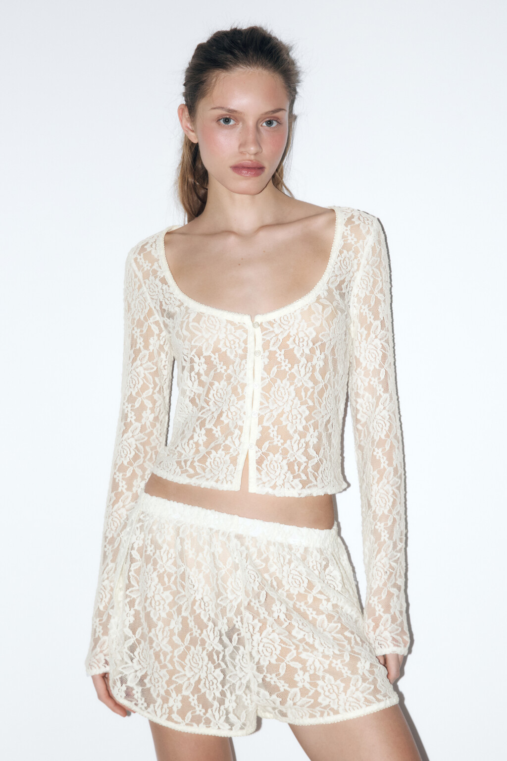 Блузка-лонгслив домашняя кружевная - цвет ванильный - 2