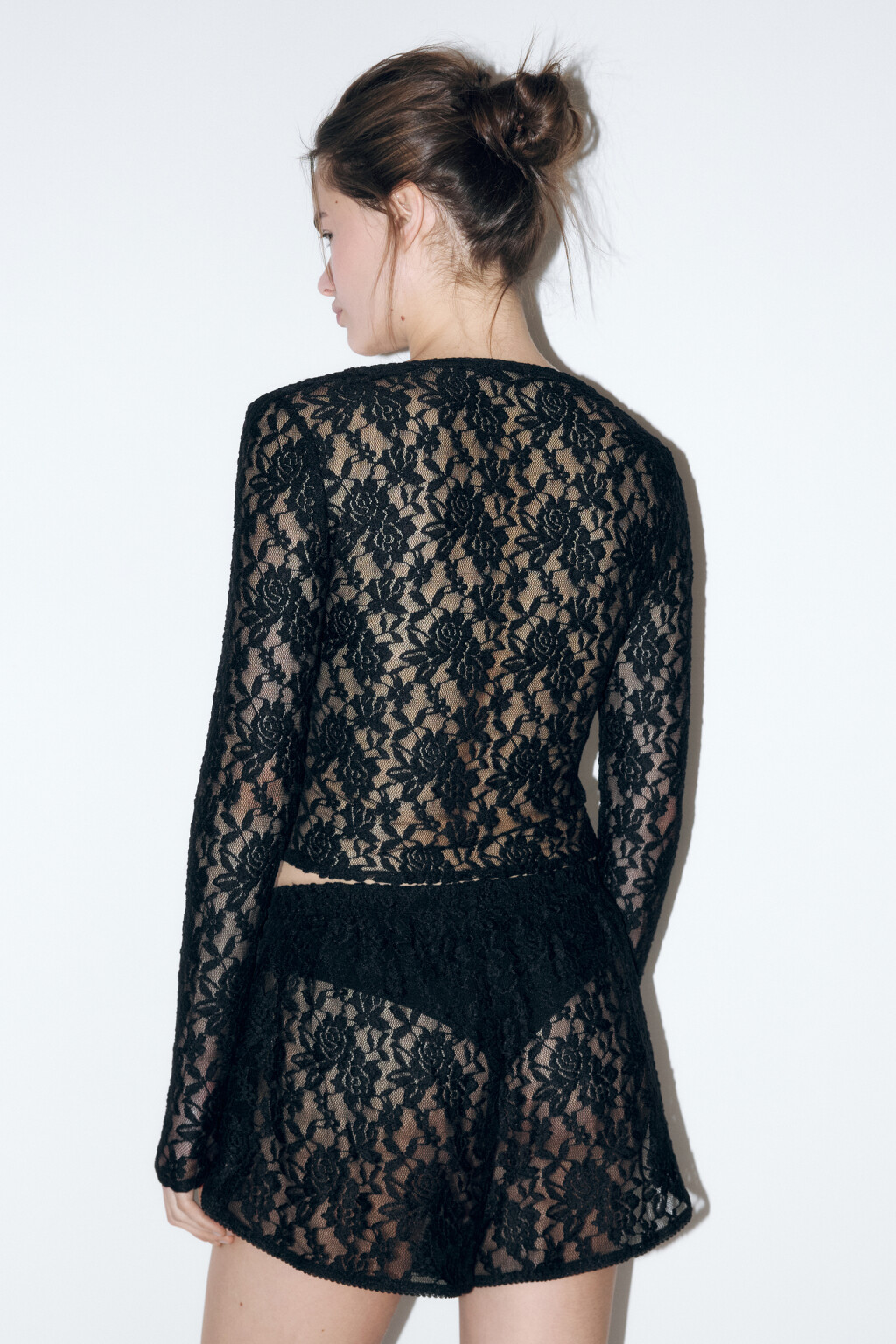 Блузка-лонгслив домашняя кружевная - цвет черный - 3