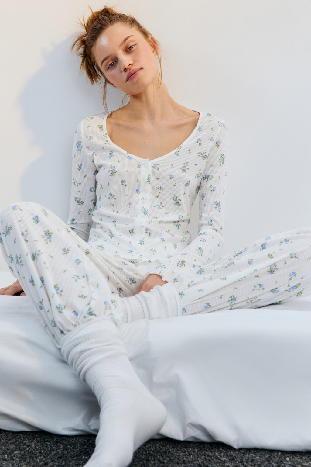 Лонгслив домашний на пуговицах в рубчик - цвет голубой - 1