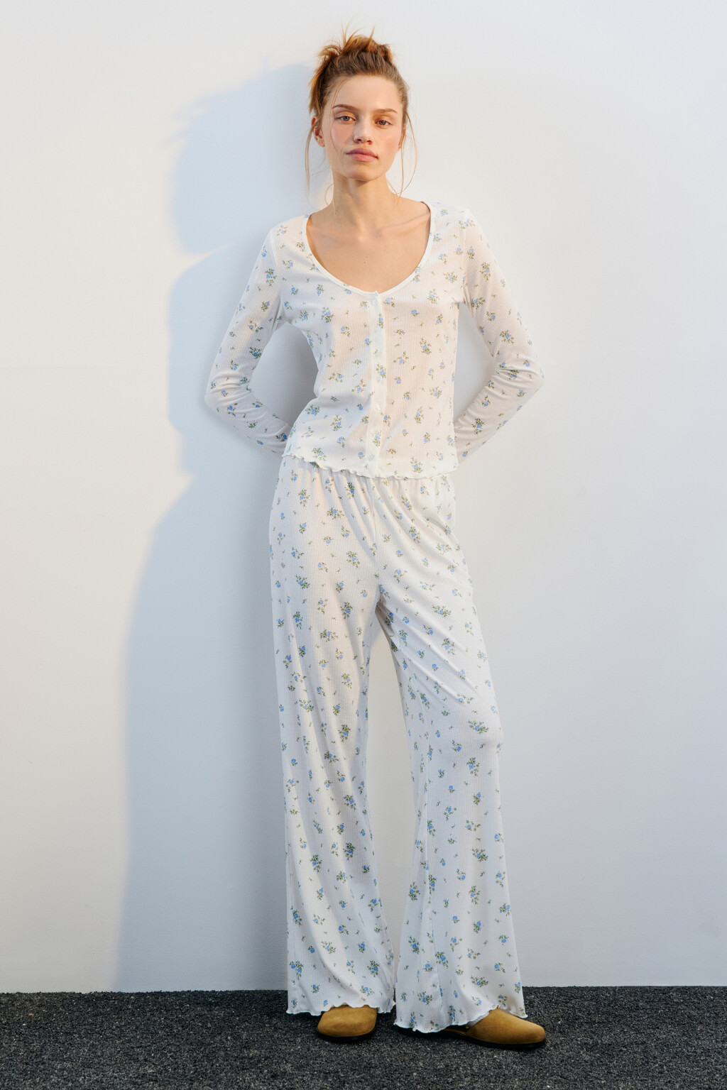 Лонгслив домашний на пуговицах в рубчик - цвет голубой - 4