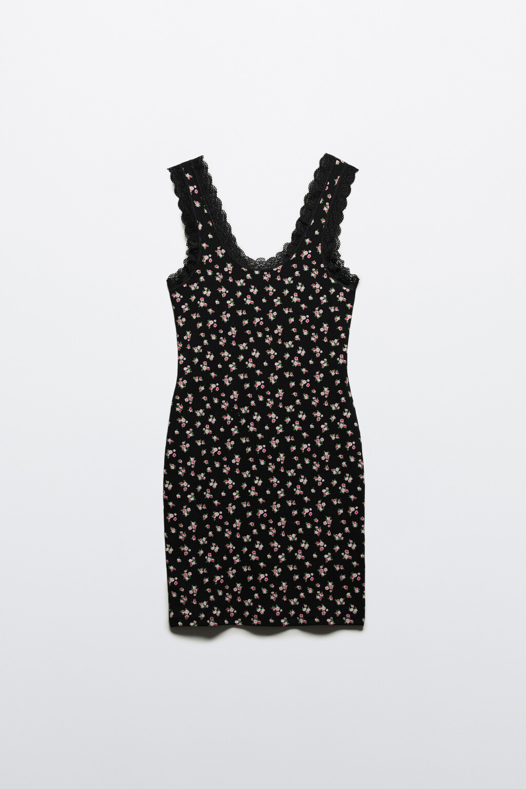 Платье-майка мини в рубчик с кружевом - цвет черный - 7