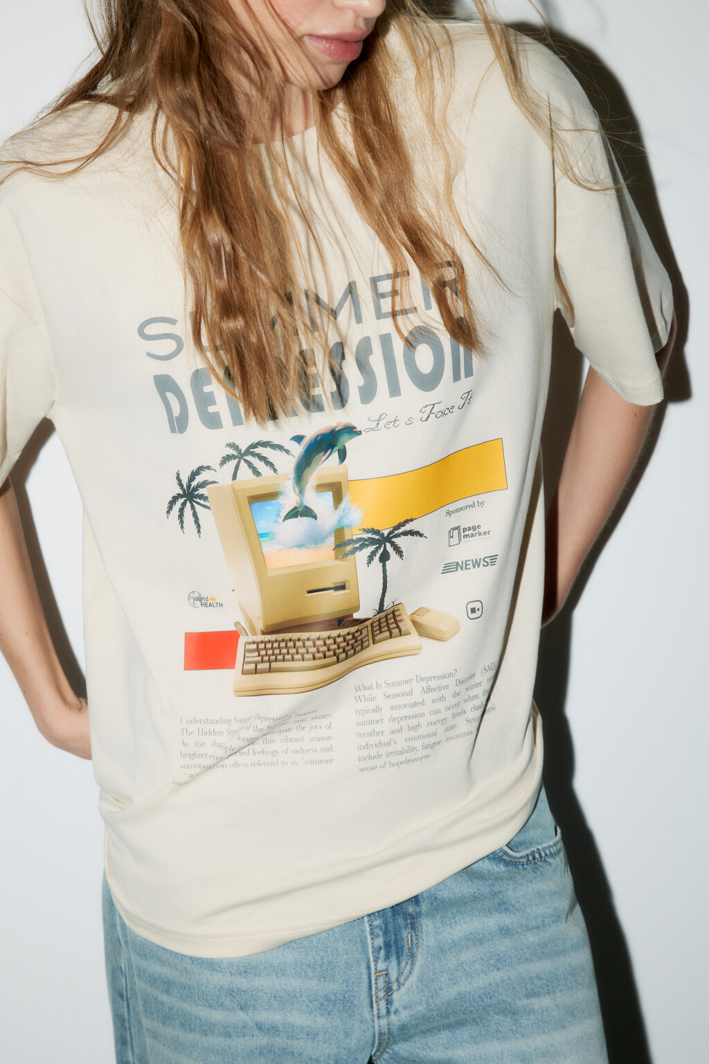 Футболка oversize с принтом - цвет бежевый - 1