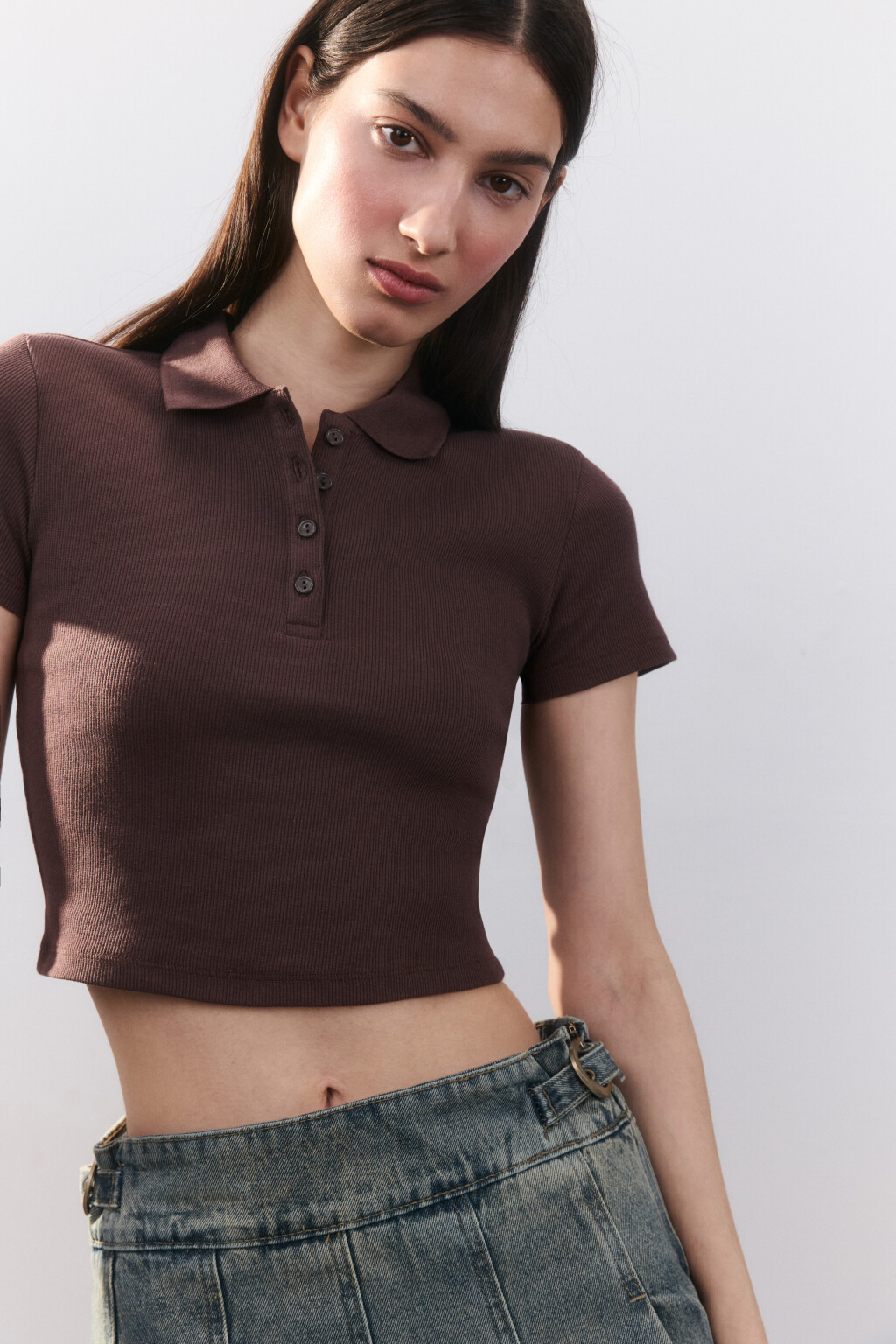Джемпер-поло укороченный в рубчик - цвет коричневый - 1
