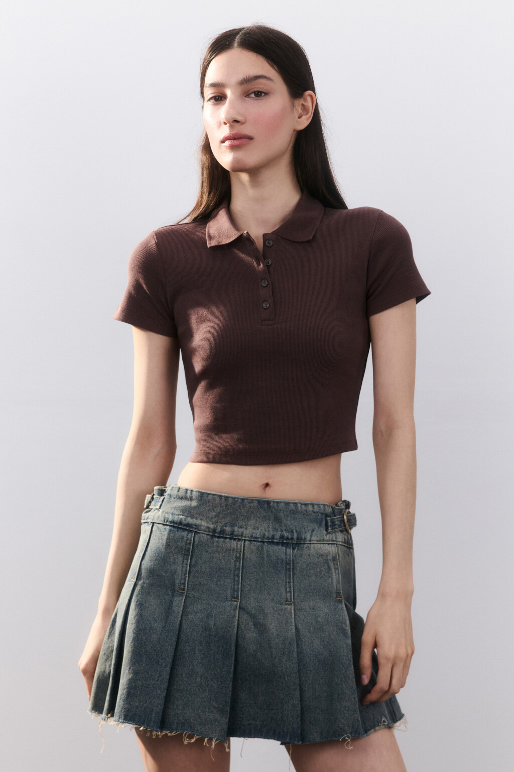 Джемпер-поло укороченный в рубчик - цвет коричневый - 2