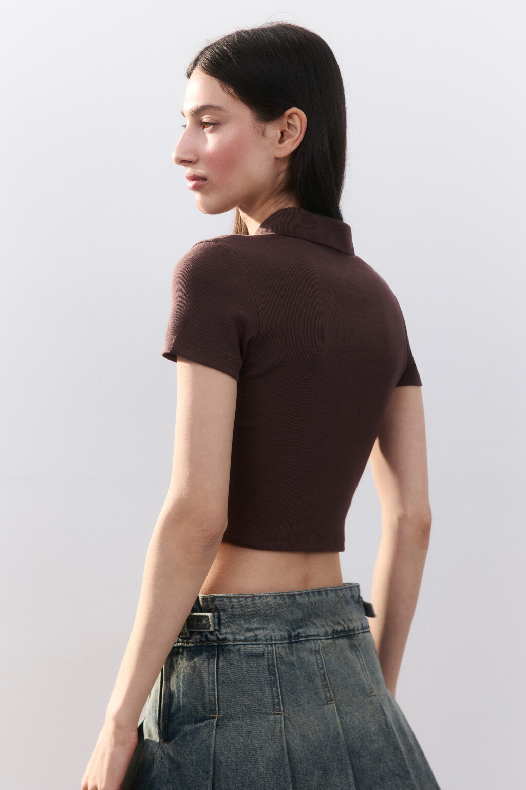 Джемпер-поло укороченный в рубчик - цвет коричневый - 3