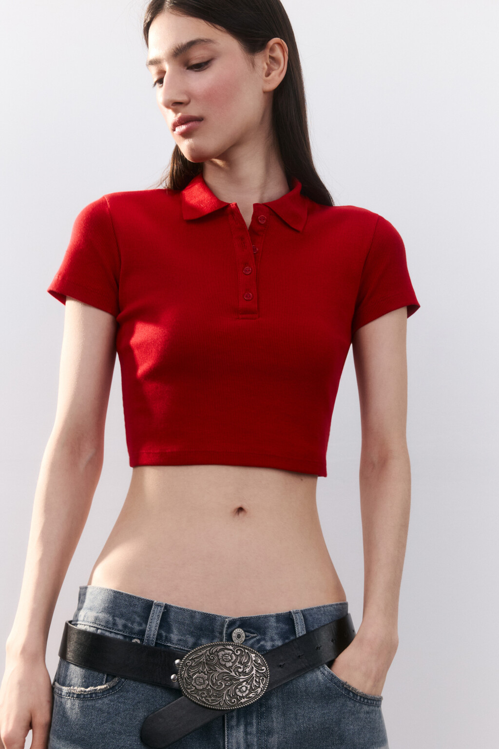 Джемпер-поло укороченный в рубчик - цвет красный - 1
