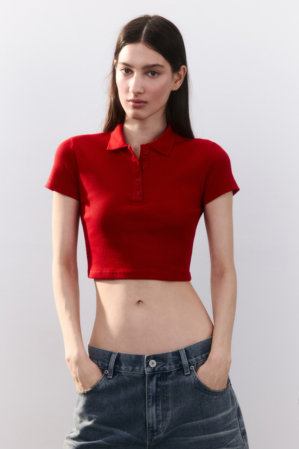 Джемпер-поло укороченный в рубчик - цвет красный - 2