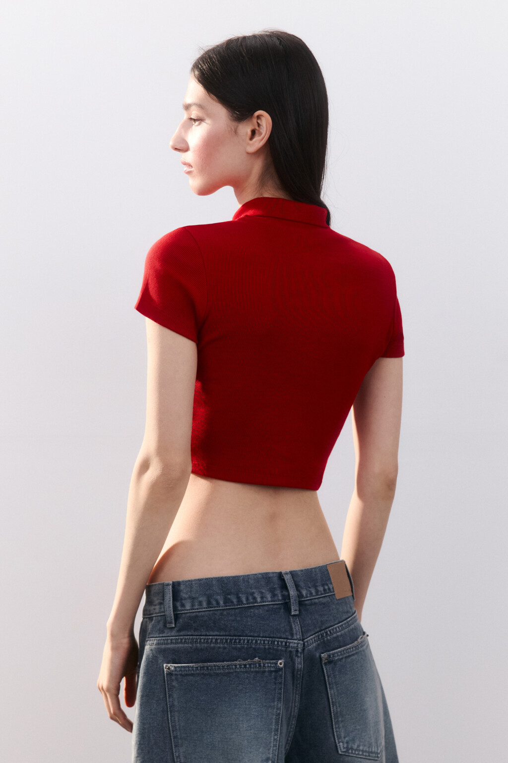 Джемпер-поло укороченный в рубчик - цвет красный - 3
