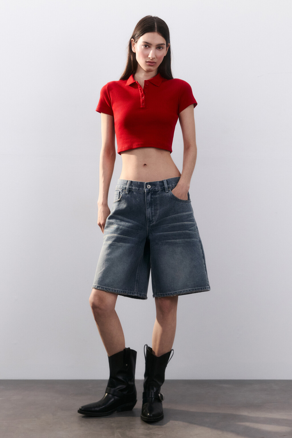 Джемпер-поло укороченный в рубчик - цвет красный - 4