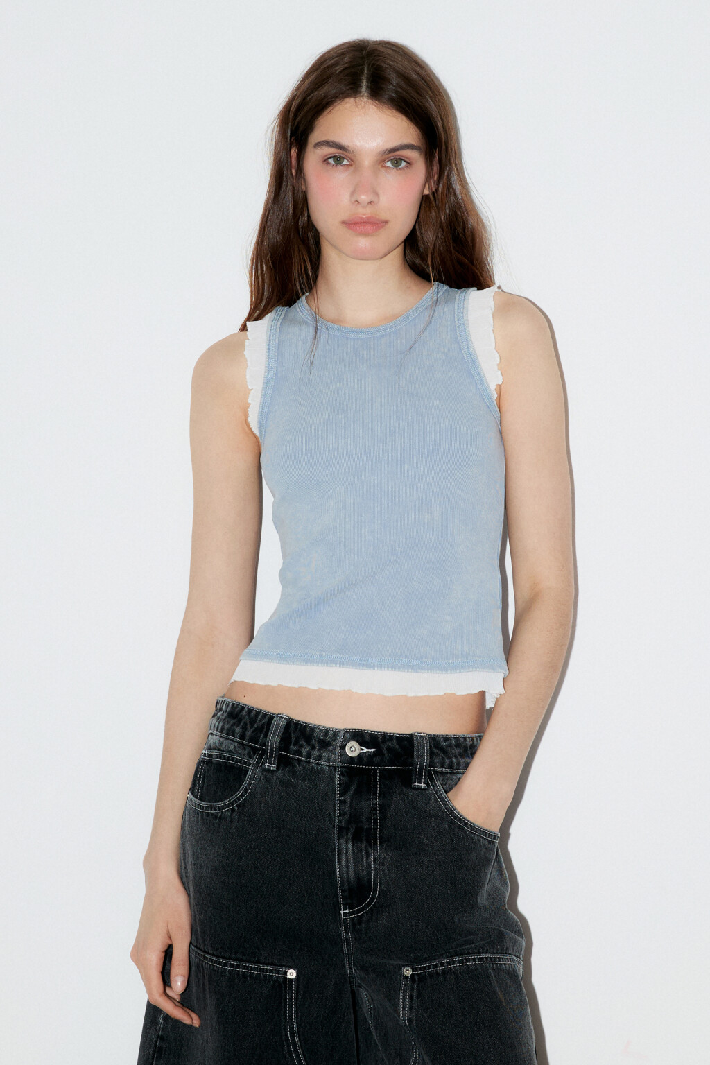 Майка хлопковая двуслойная в рубчик - цвет голубой - 2