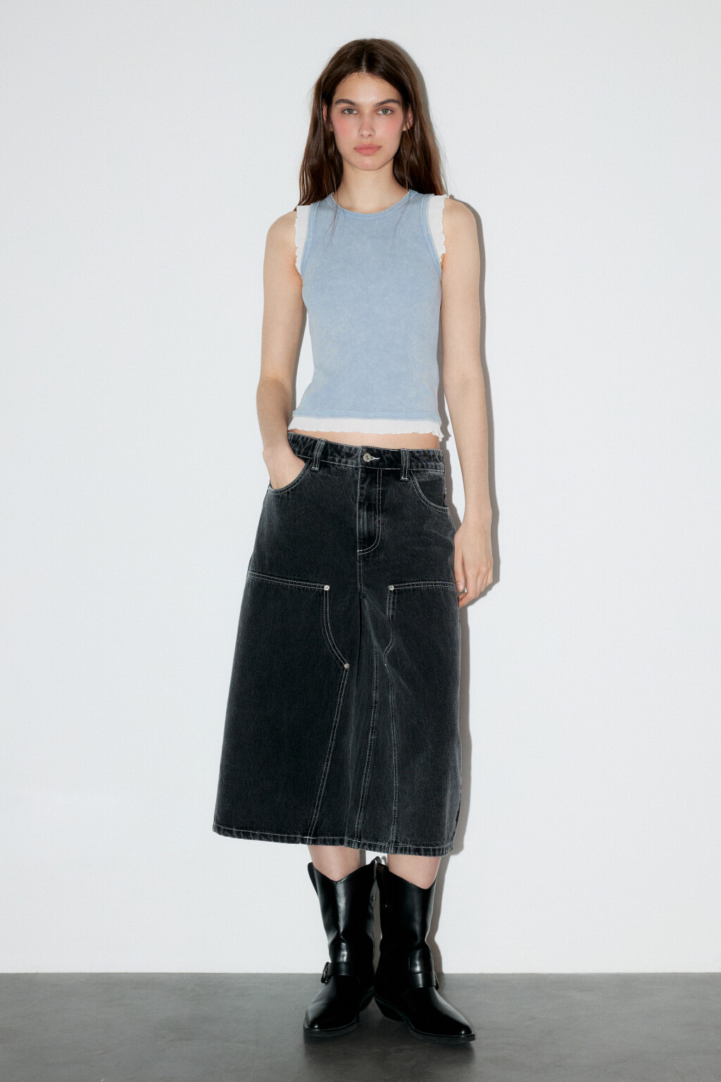 Майка хлопковая двуслойная в рубчик - цвет голубой - 4