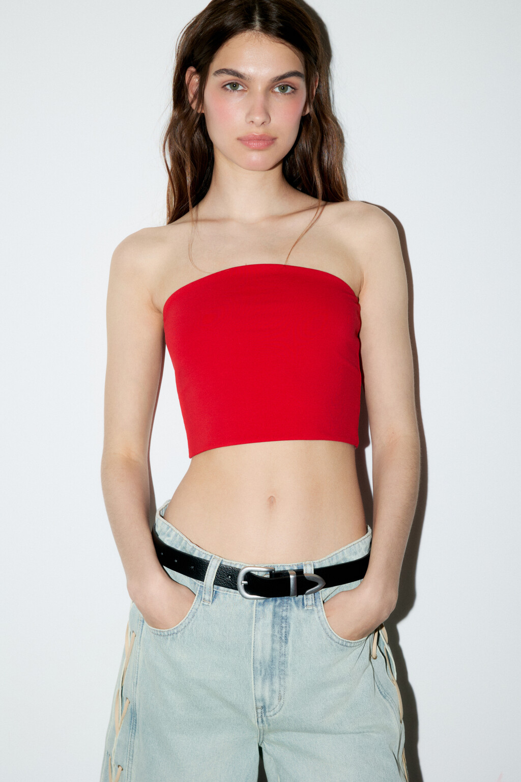 Топ-бандо хлопковый укороченный - цвет красный - 1