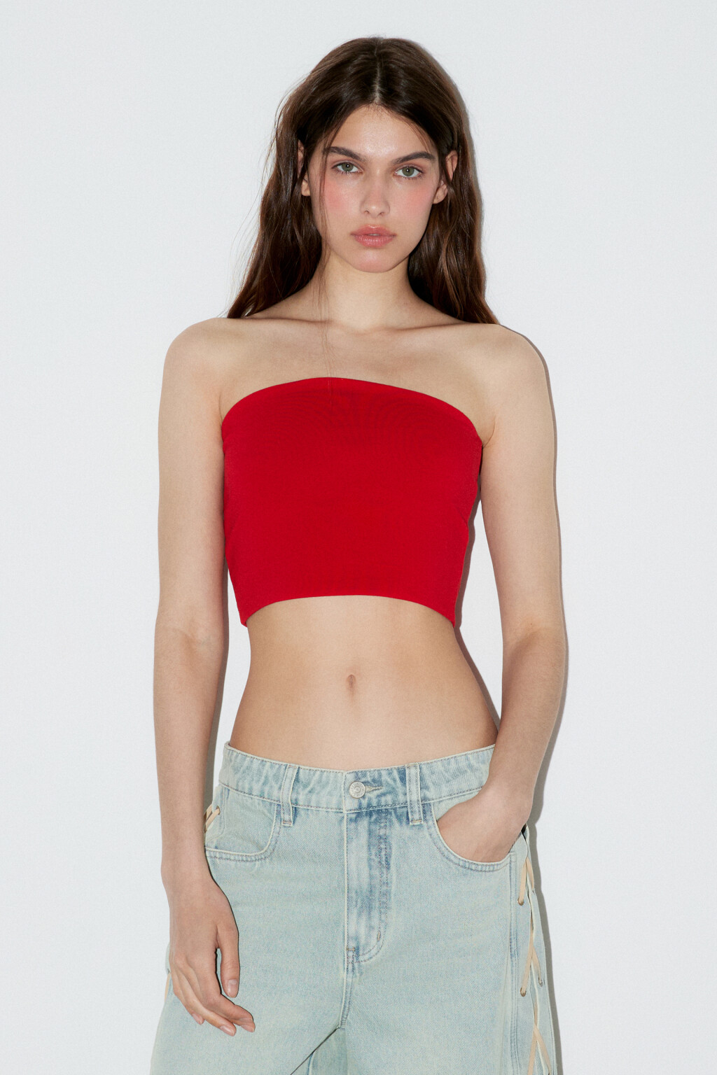 Топ-бандо хлопковый укороченный - цвет красный - 2