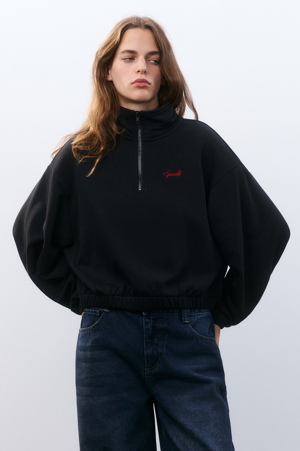 Толстовка полузамок с вышивкой - цвет черный - 2