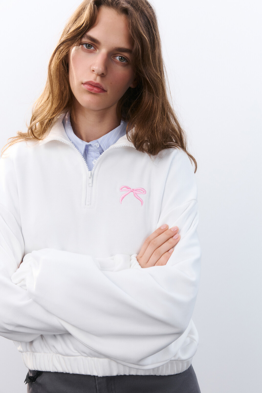 Толстовка half zip с вышивкой - цвет белый - 1