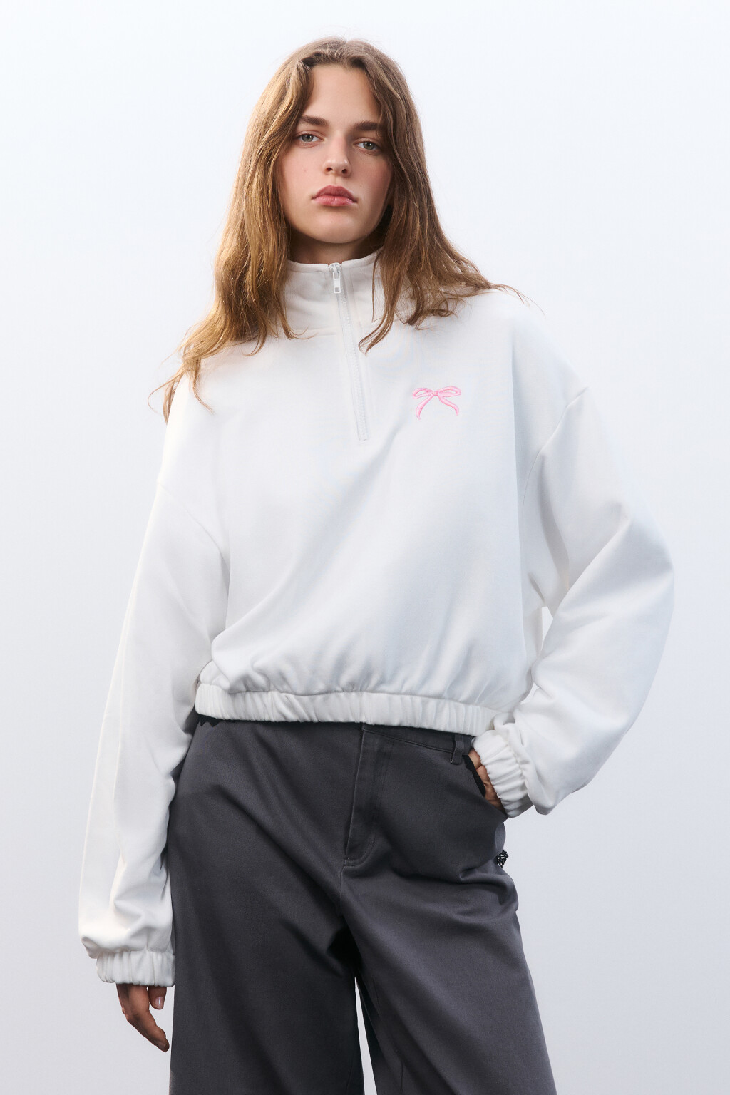 Толстовка half zip с вышивкой - цвет белый - 2