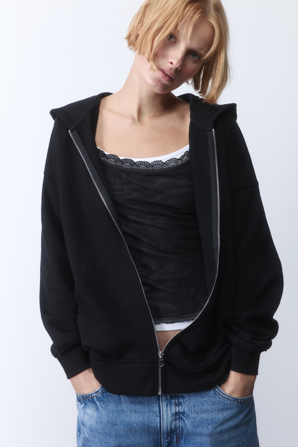 Худи-зипка oversize из футера с капюшоном - цвет черный - 1