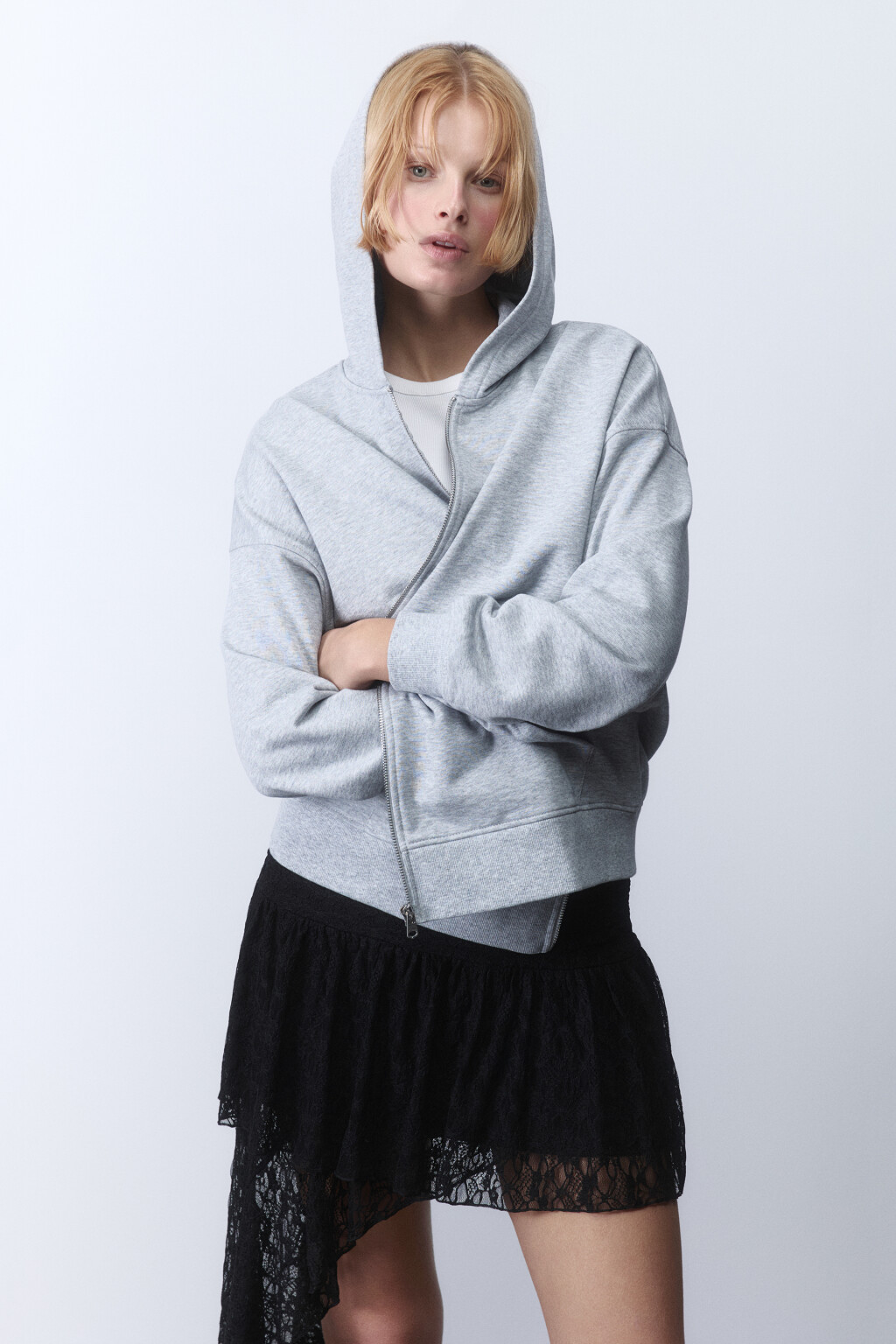 Худи-зипка oversize из футера с капюшоном - цвет серый - 2