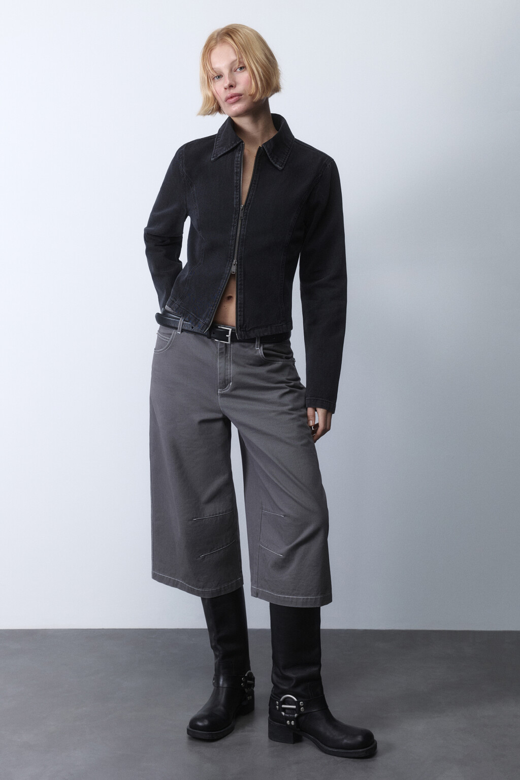 Куртка джинсовая укороченная на молнии - цвет серый - 5