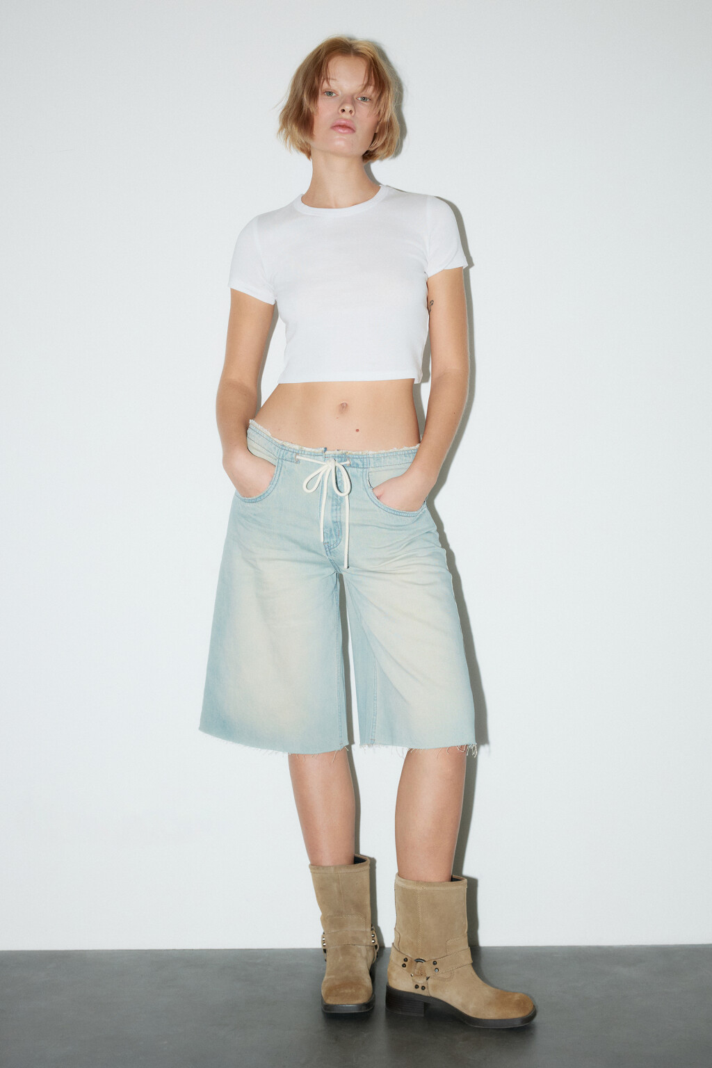 Джортсы с открытыми срезами и шнурком в поясе - цвет синий - 4