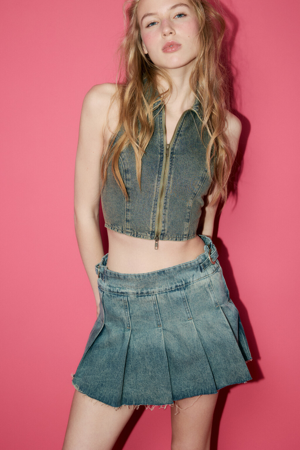 Юбка-шорты джинсовая в крупную складку - цвет синий - 1