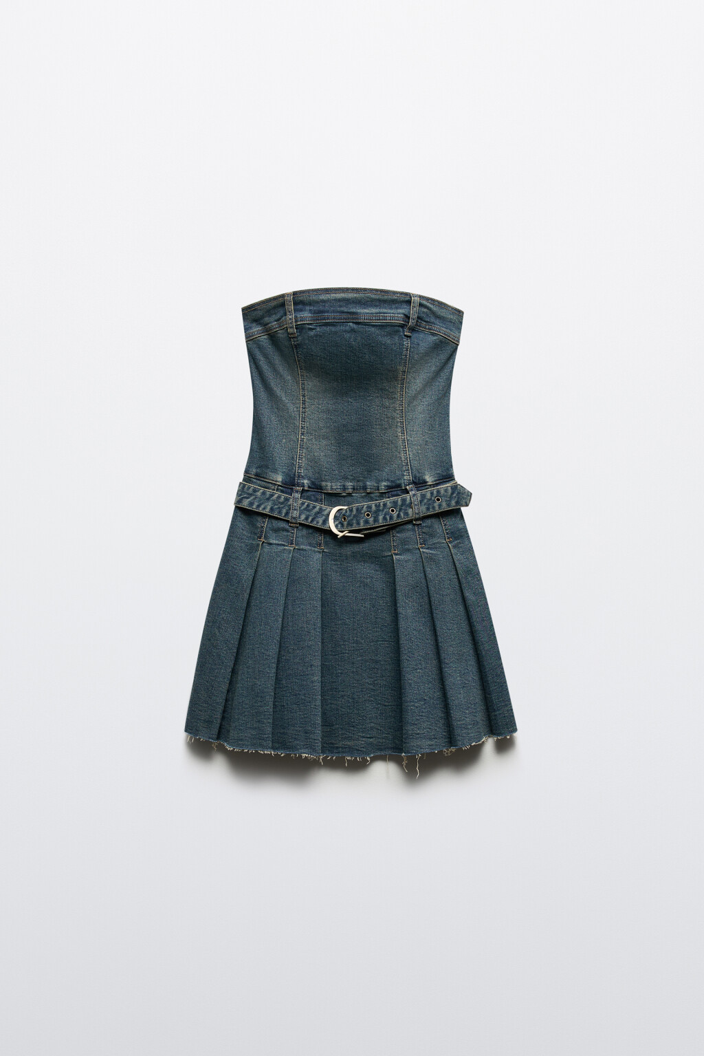 Платье-бандо мини джинсовое с ремнем - цвет синий - 8