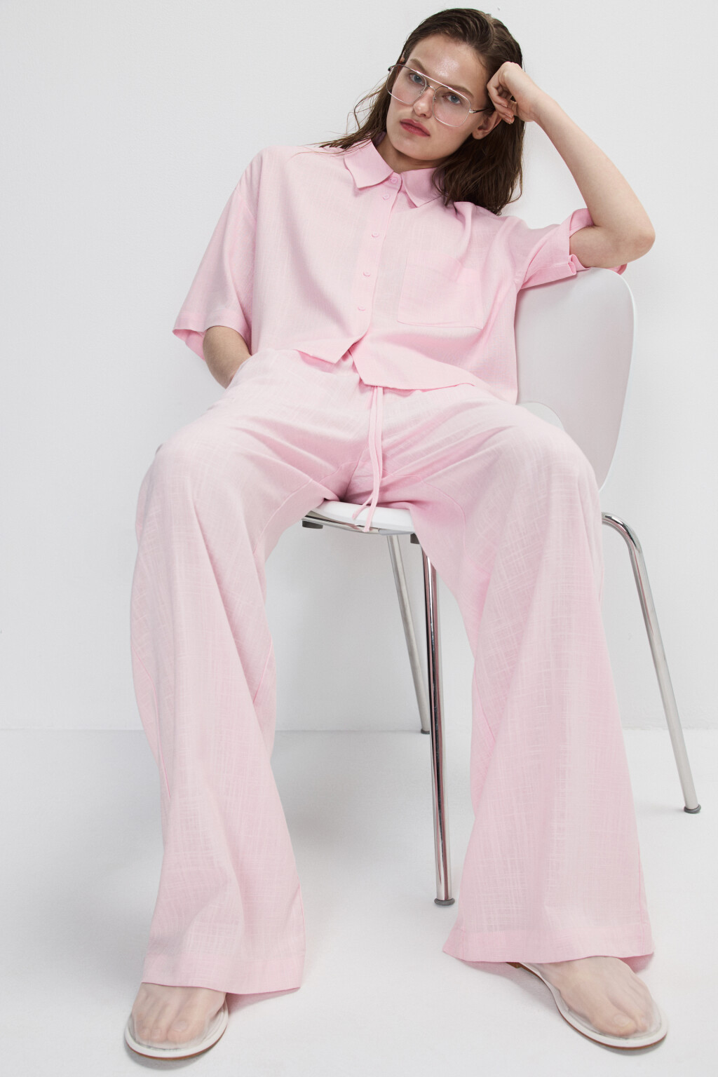 Брюки широкие из вискозы и льна - цвет розовый - 1