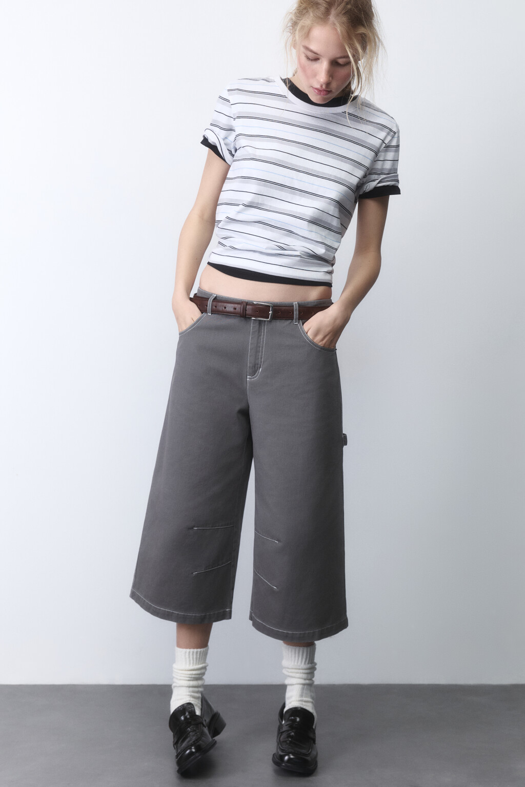 Брюки-кюлоты хлопковые с низкой посадкой - цвет серый - 1