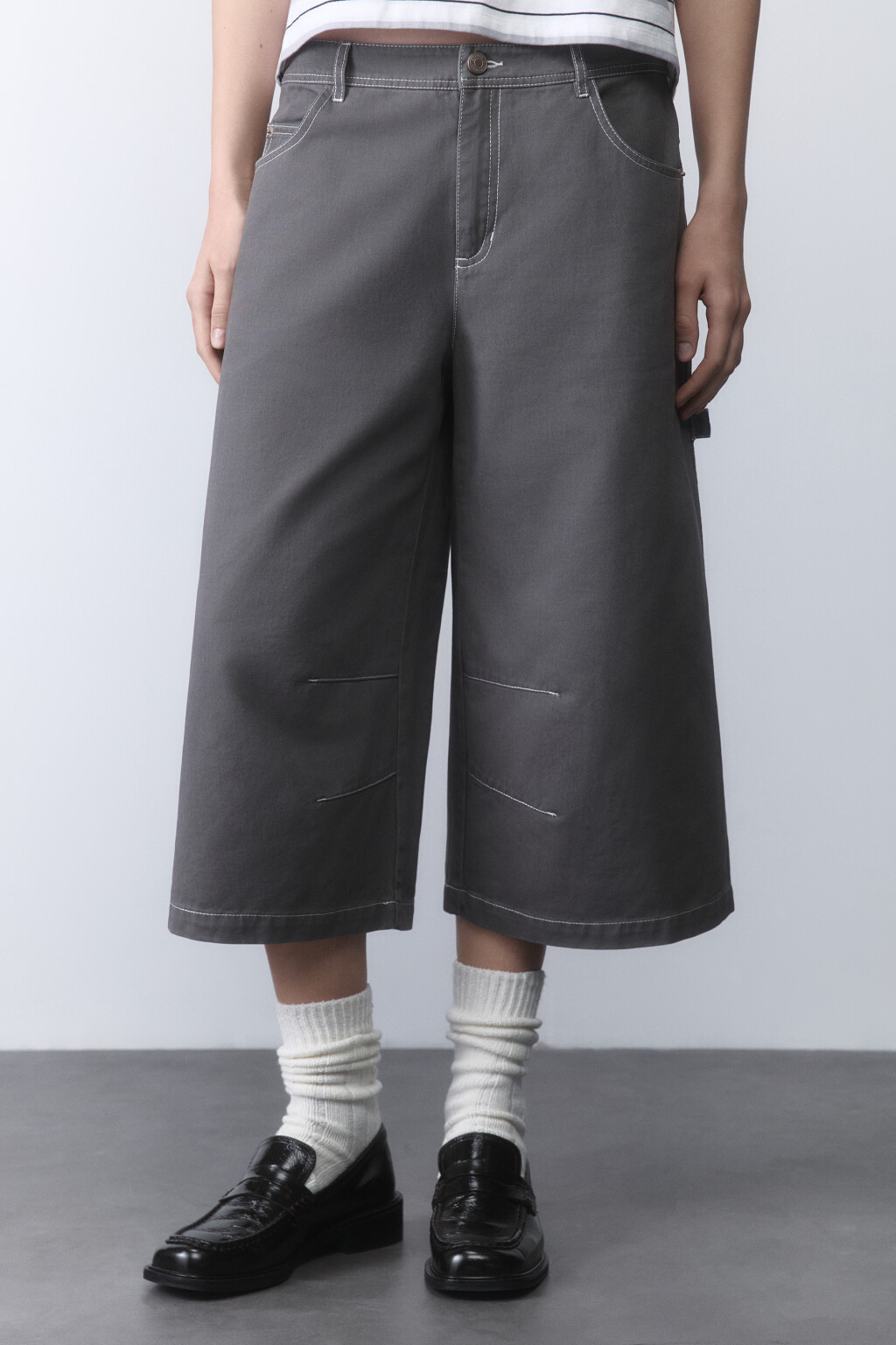 Брюки-кюлоты хлопковые с низкой посадкой - цвет серый - 2