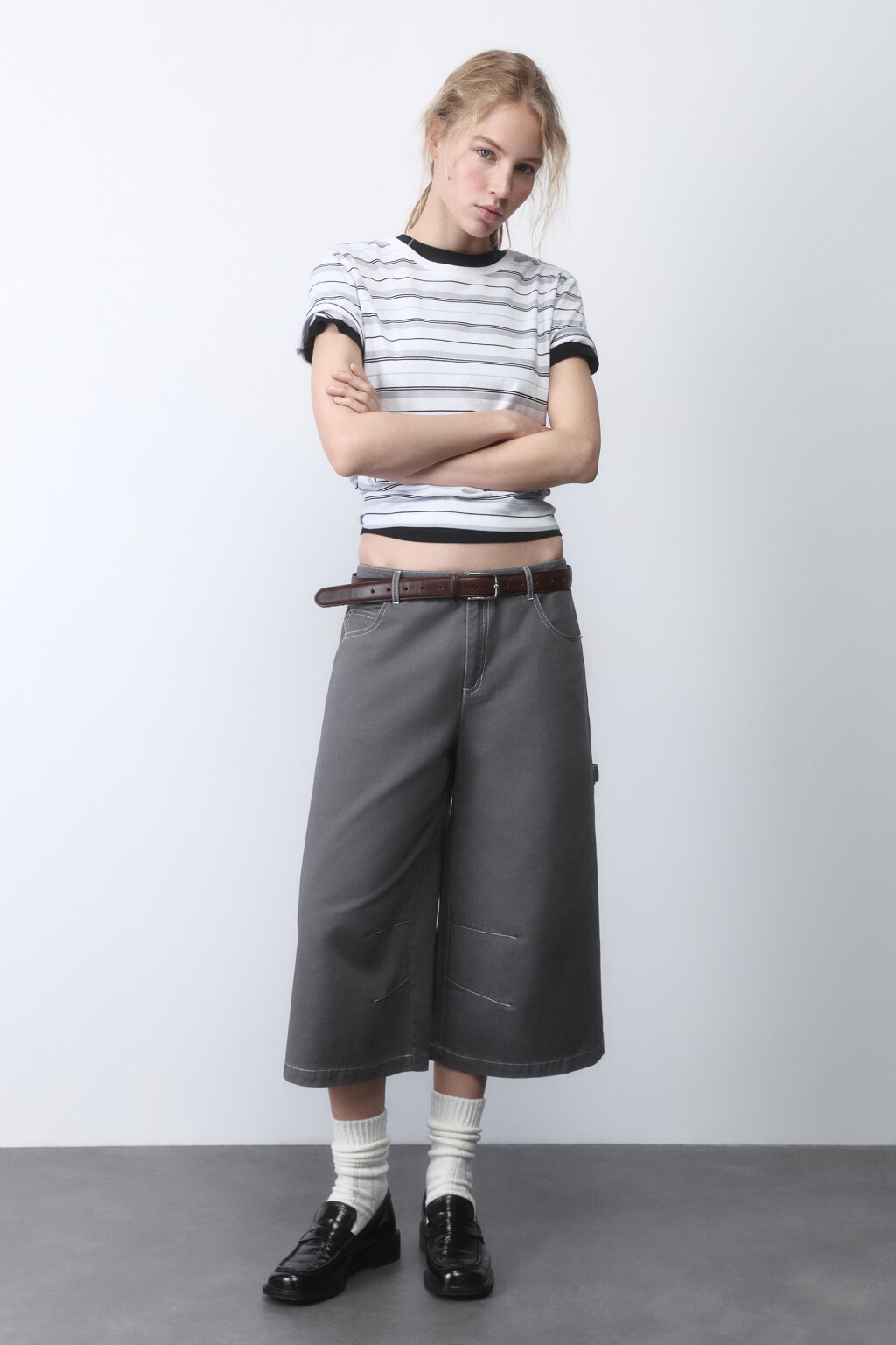 Брюки-кюлоты хлопковые с низкой посадкой - цвет серый - 4