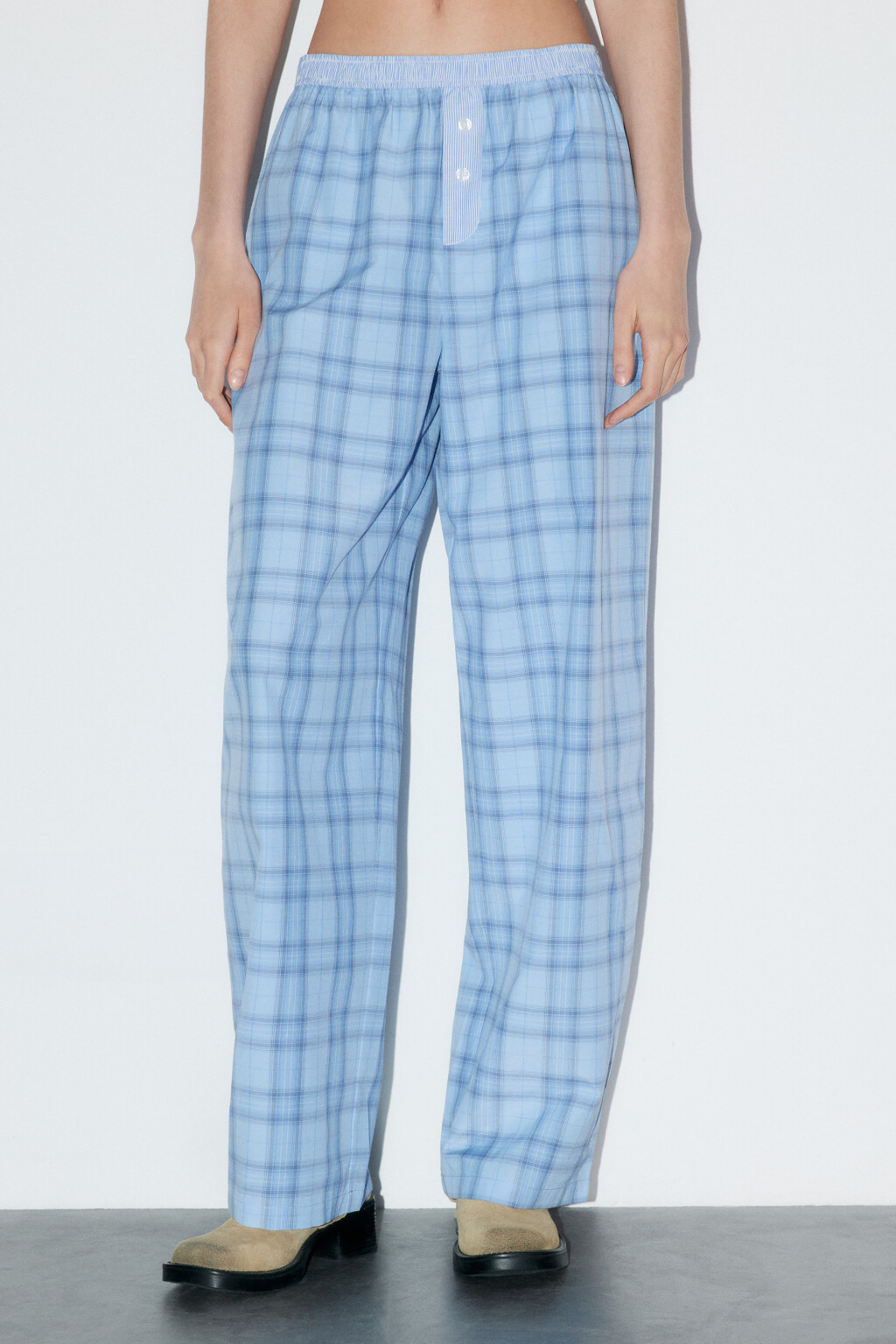 Брюки в клетку с бельевым поясом - цвет синий - 2