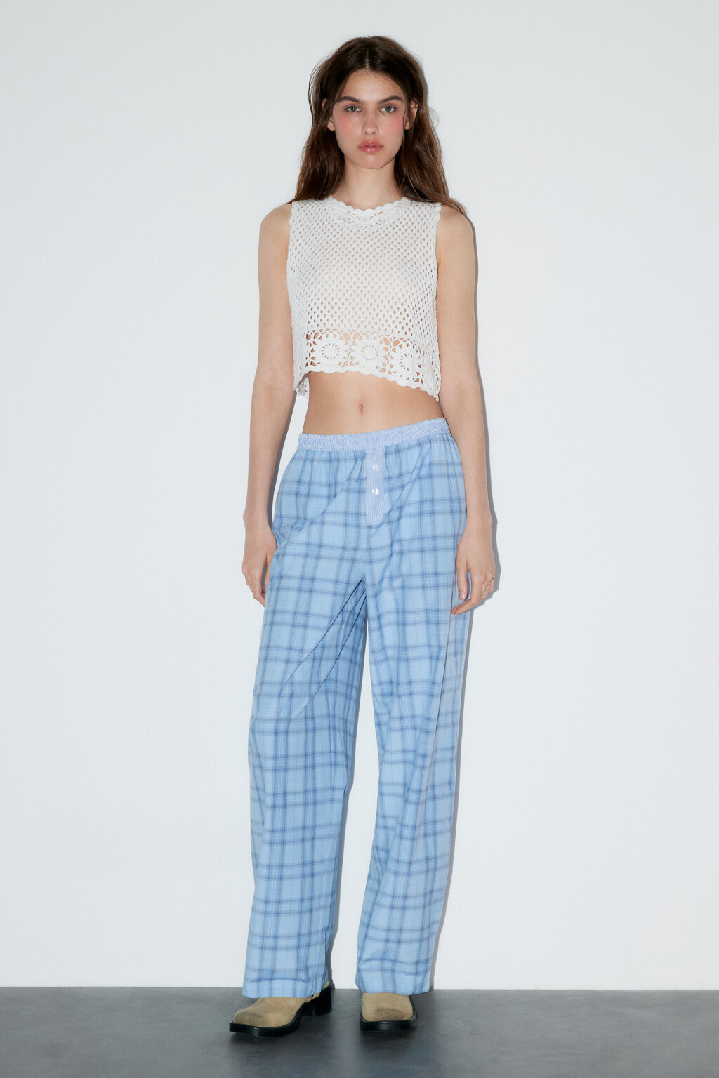 Брюки в клетку с бельевым поясом - цвет синий - 4