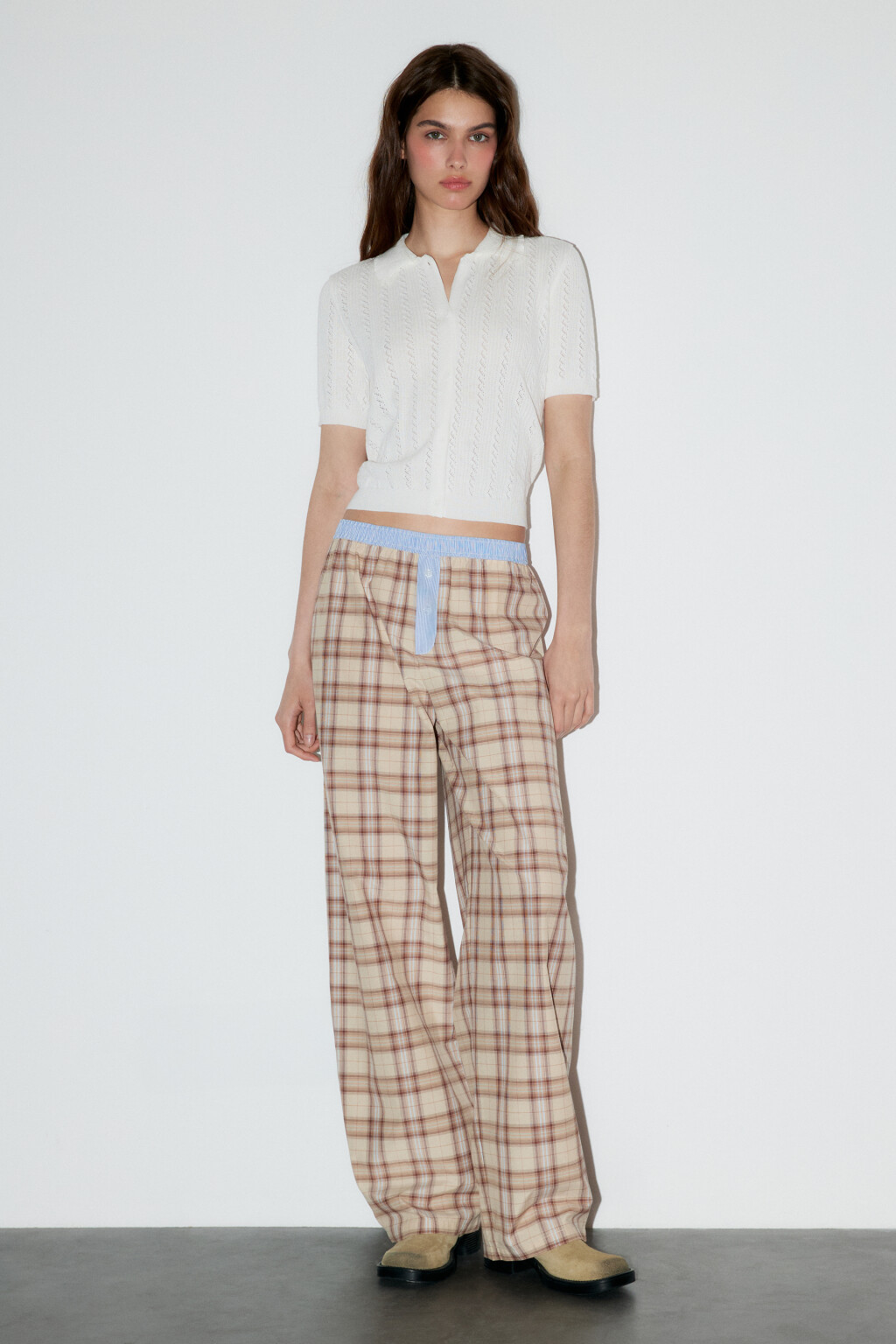 Брюки в клетку с бельевым поясом - цвет бежевый - 4