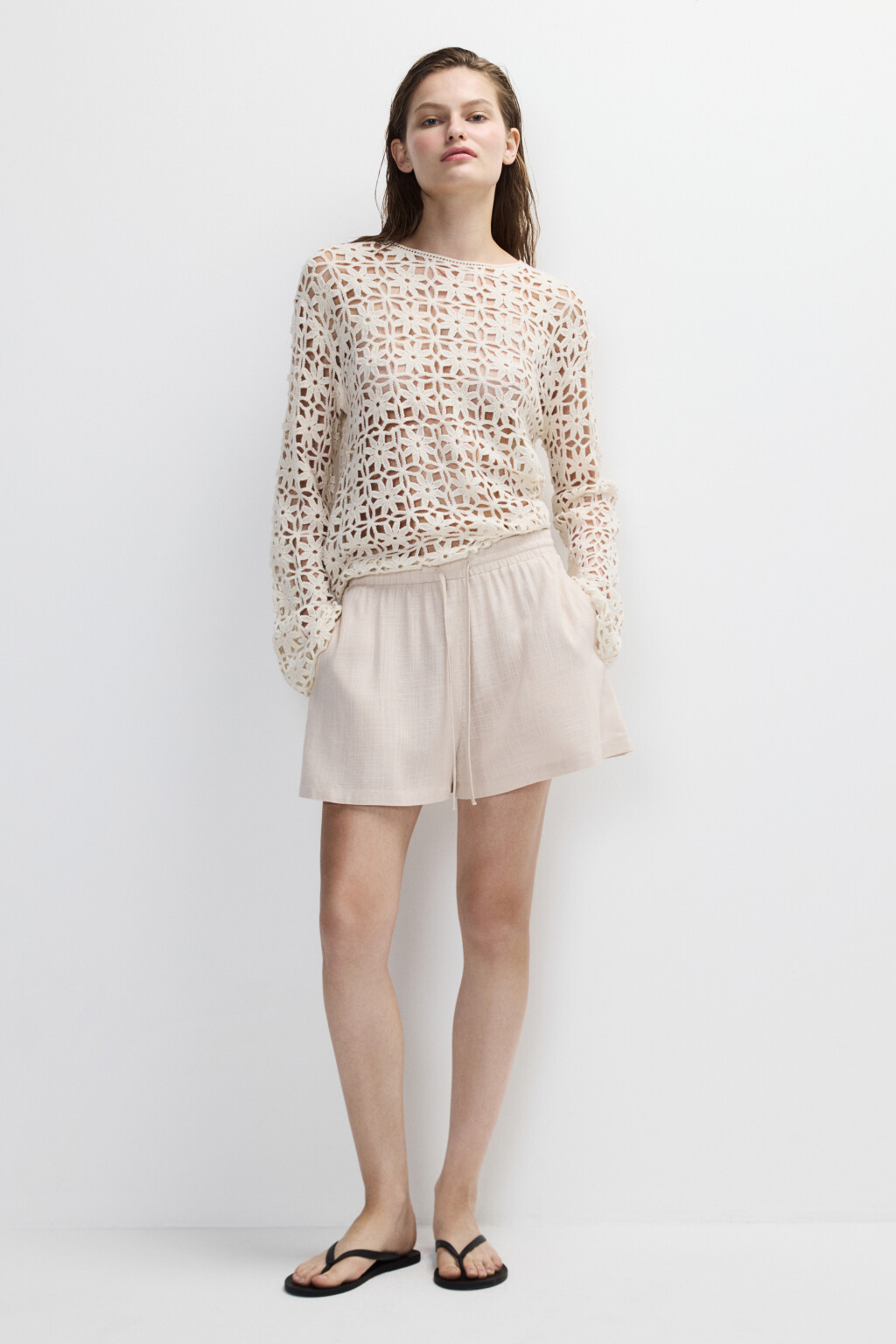 Шорты на завязках из вискозы и льна - цвет бежевый - 4