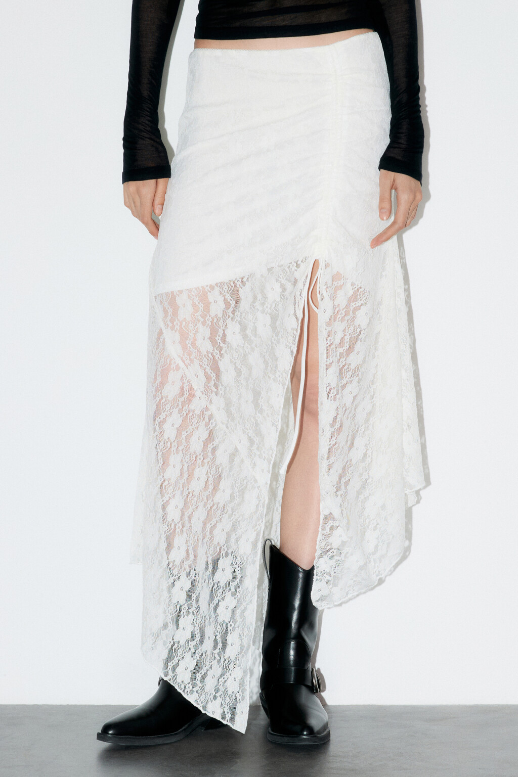 Юбка миди кружевная с драпировкой - цвет молочный - 3