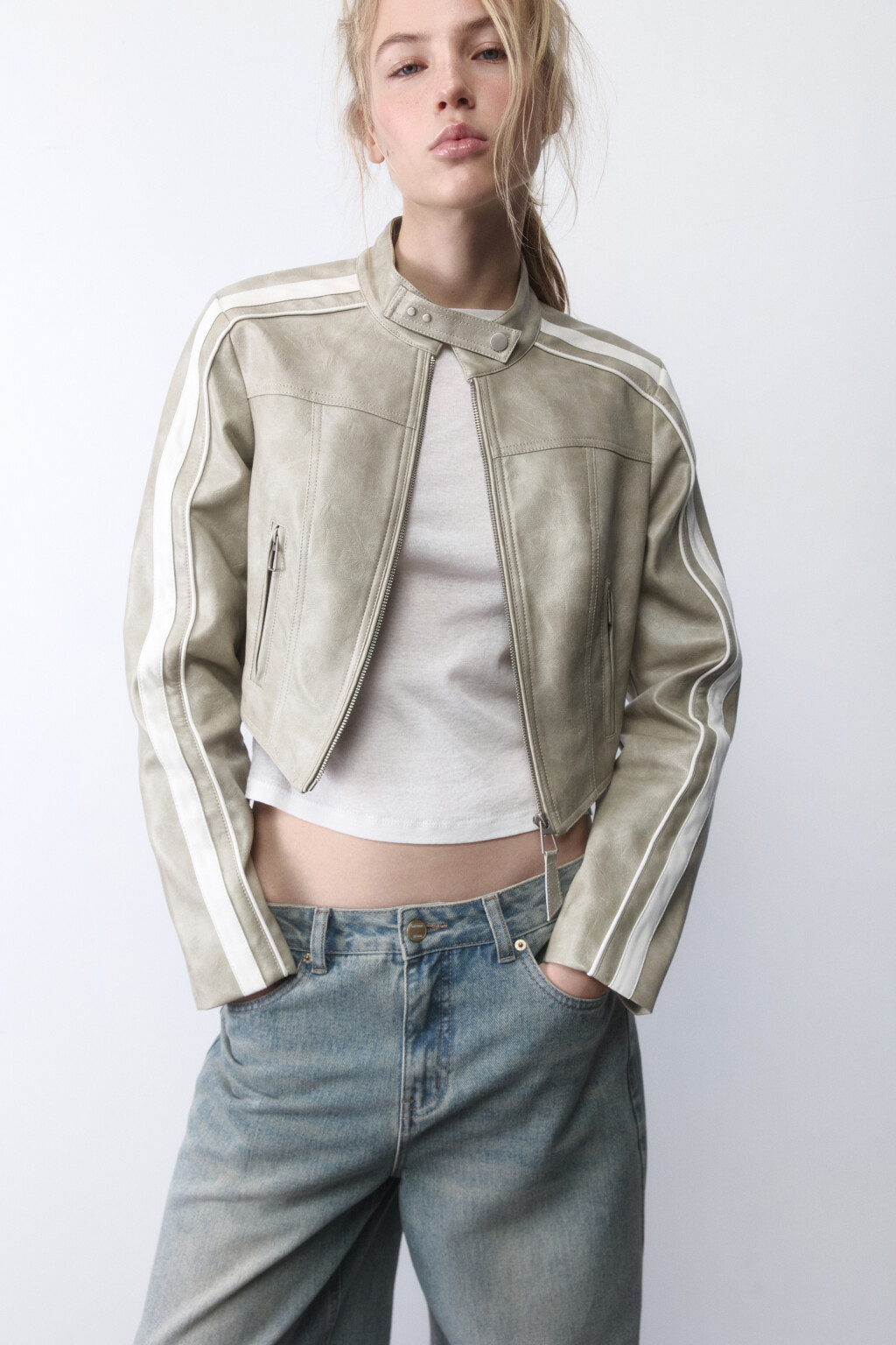 Куртка в байкерском стиле с лампасами - цвет бежевый - 1